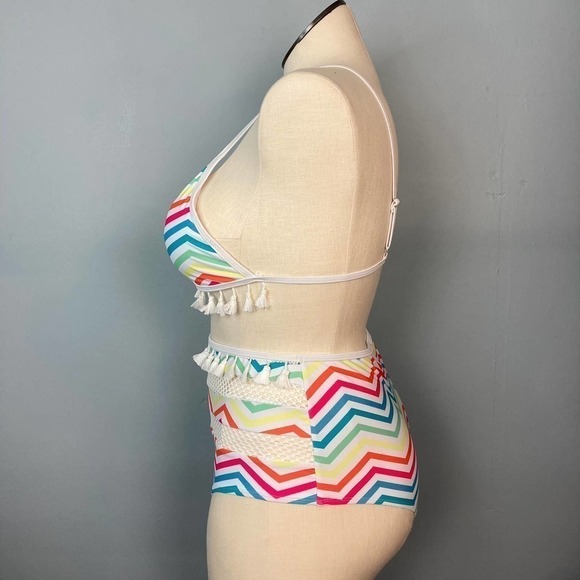 RAINBOW Chevron White Two Piece Bikini Set Tassel Mesh Detail US Size 12 Striped - Picture 8 of 12